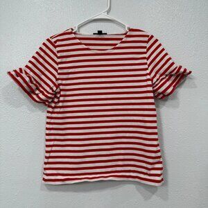 J Crew Striped Ruffle Sleeve T Shirt Women's Size S Red White Cotton Top
